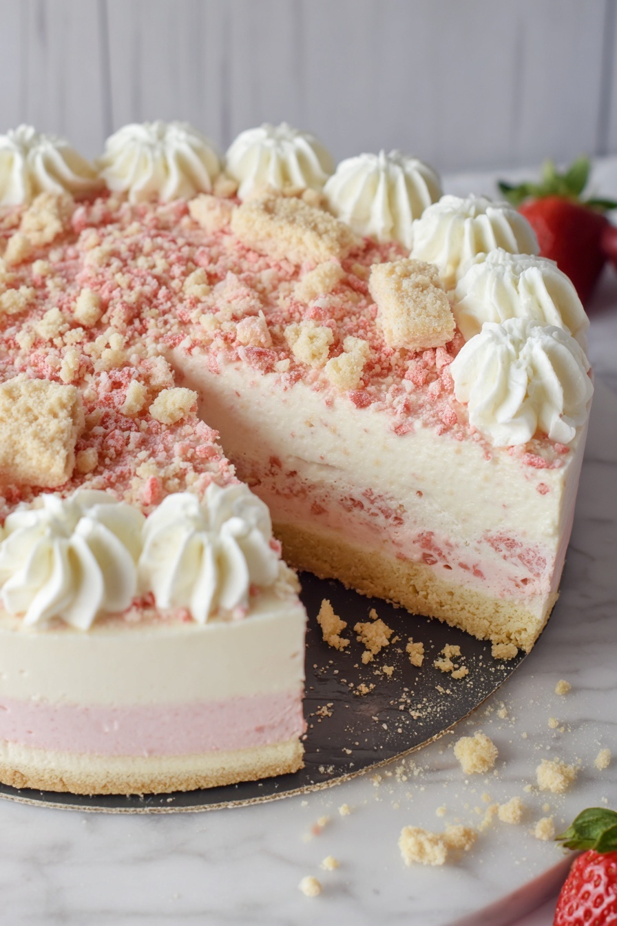 Strawberry Crunch Cheesecake Recipe 8 The image shows a round baking pan filled with a crumbly mixture. The mixture has two layers visible in close texture: a base layer made of small crushed pieces that look pale yellow, and a top layer that is a mix of tiny crushed crumbs in light yellow and pinkish-red colors spread evenly all over. The mixture looks rough and sandy with small, uneven chunks mixed throughout. The baking pan sits on a wooden board on a white marbled surface. Photo taken with an iphone --ar 2:3 --v 7 - Strawberry Crunch Cheesecake, strawberry cheesecake with crunch, no-bake strawberry cheesecake, easy strawberry dessert, fruity cheesecake recipe