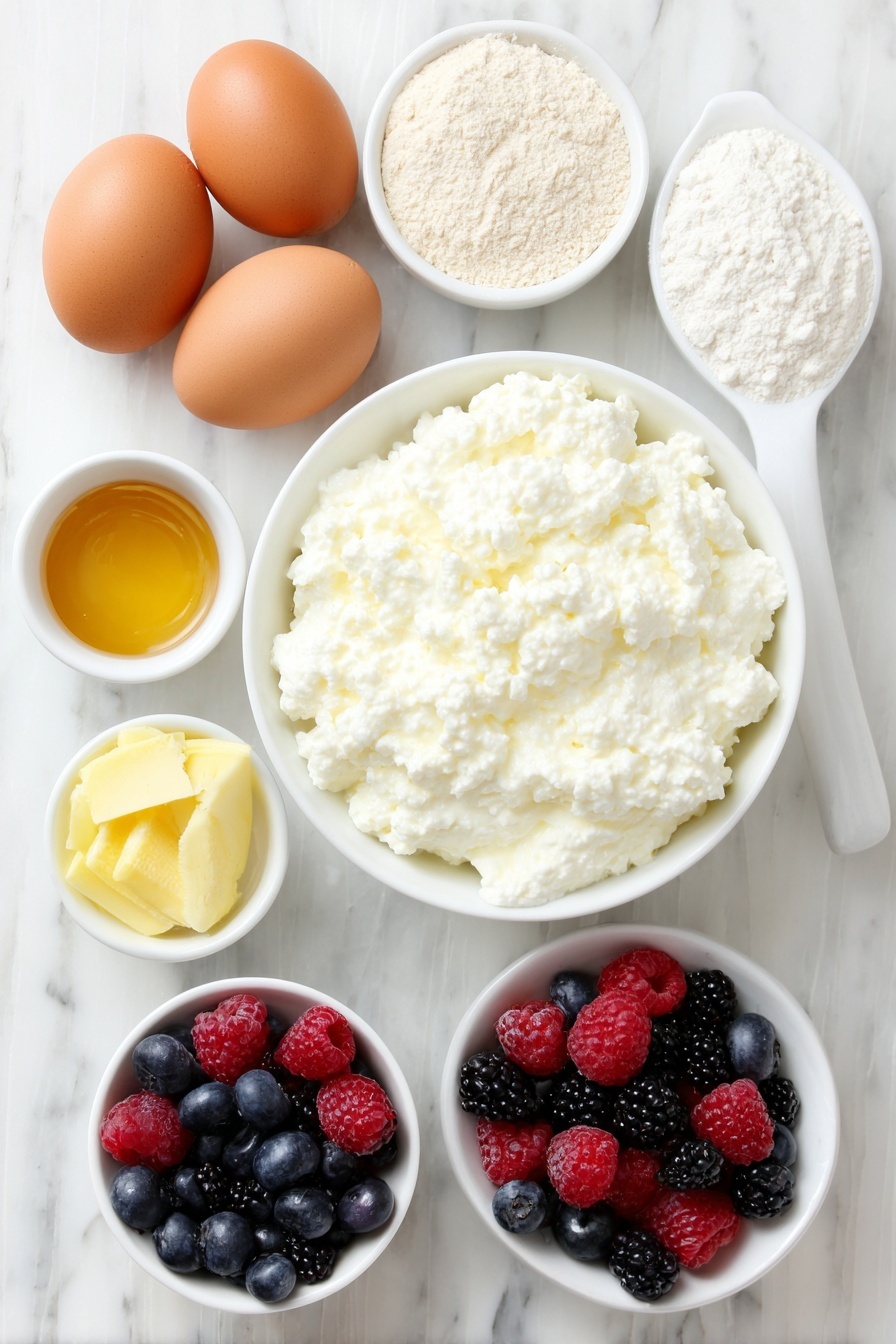 High Protein Berry Bake Recipe 7 Flat lay of a small white ceramic bowl filled with fresh, creamy full-fat cottage cheese, three large whole brown eggs with clean shells, a small white bowl containing pale almond flour, a small white bowl holding golden honey, a small white bowl with clear vanilla extract, a few bright lemon zest strips, a small white bowl of light baking powder, and a cluster of mixed fresh berries including blueberries, raspberries, and blackberries, all arranged symmetrically and balanced, placed on a clean white marble surface, soft natural light, photo taken with an iPhone, professional food photography style, fresh ingredients, white ceramic bowls, no bottles, no duplicates, no utensils, no packaging --ar 2:3 --v 7 --p m7354615311229779997 - High Protein Berry Bake, healthy berry breakfast, high protein breakfast ideas, berry cottage cheese bake, nutritious berry treat