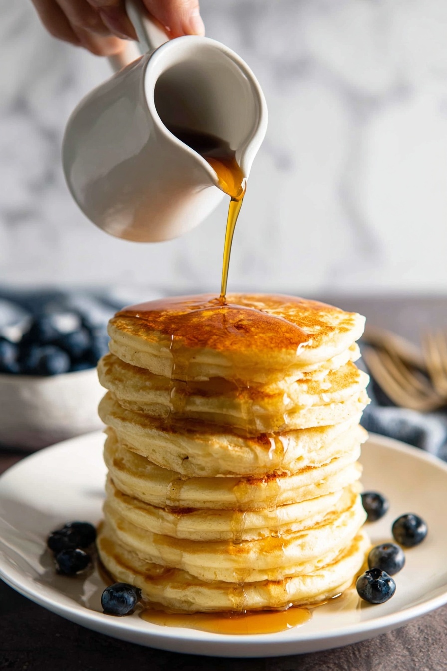 Vegan Fluffy Pancakes Recipe 8 A tall stack of eight golden brown pancakes sits in the center of a white plate, with a few fresh blueberries scattered around the base of the stack. A woman's hand holds a white jug above, pouring thick amber syrup that streams down the sides of the pancakes, pooling slightly on the plate. The pancakes have a soft, fluffy texture with slight bubbles visible on their surfaces. The background shows a blurred white marbled surface with a fork and a bowl of blueberries softly out of focus. Photo taken with an iphone --ar 2:3 --v 7 - Vegan Fluffy Pancakes, vegan pancake recipe, plant-based breakfast, gluten-free vegan pancakes, fluffy vegan breakfast
