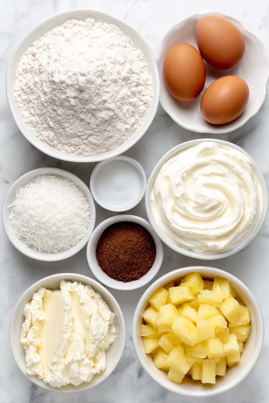 Cottage Cheese Pineapple Coconut Muffins Recipe 7 Flat lay of a small mound of all-purpose flour, a small white ceramic bowl filled with shredded coconut, a small white bowl holding coconut sugar crystals, two whole uncracked brown eggs, a simple white bowl of creamy cottage cheese, a small white bowl containing golden melted coconut oil, a small white bowl with fine white baking powder, another small white bowl with light beige baking soda, a small white bowl of fine white salt, a small white bowl with clear vanilla extract, and a small white bowl with bright yellow diced pineapple pieces, all arranged symmetrically in a balanced layout, placed on a clean white marble surface, soft natural light, photo taken with an iPhone, professional food photography style, fresh ingredients, white ceramic bowls, no bottles, no duplicates, no utensils, no packaging --ar 2:3 --v 7 --p m7354615311229779997 - Cottage Cheese Pineapple Coconut Muffins, tropical muffin recipes, healthy fruit muffins, moist cottage cheese muffins, pineapple coconut breakfast muffins