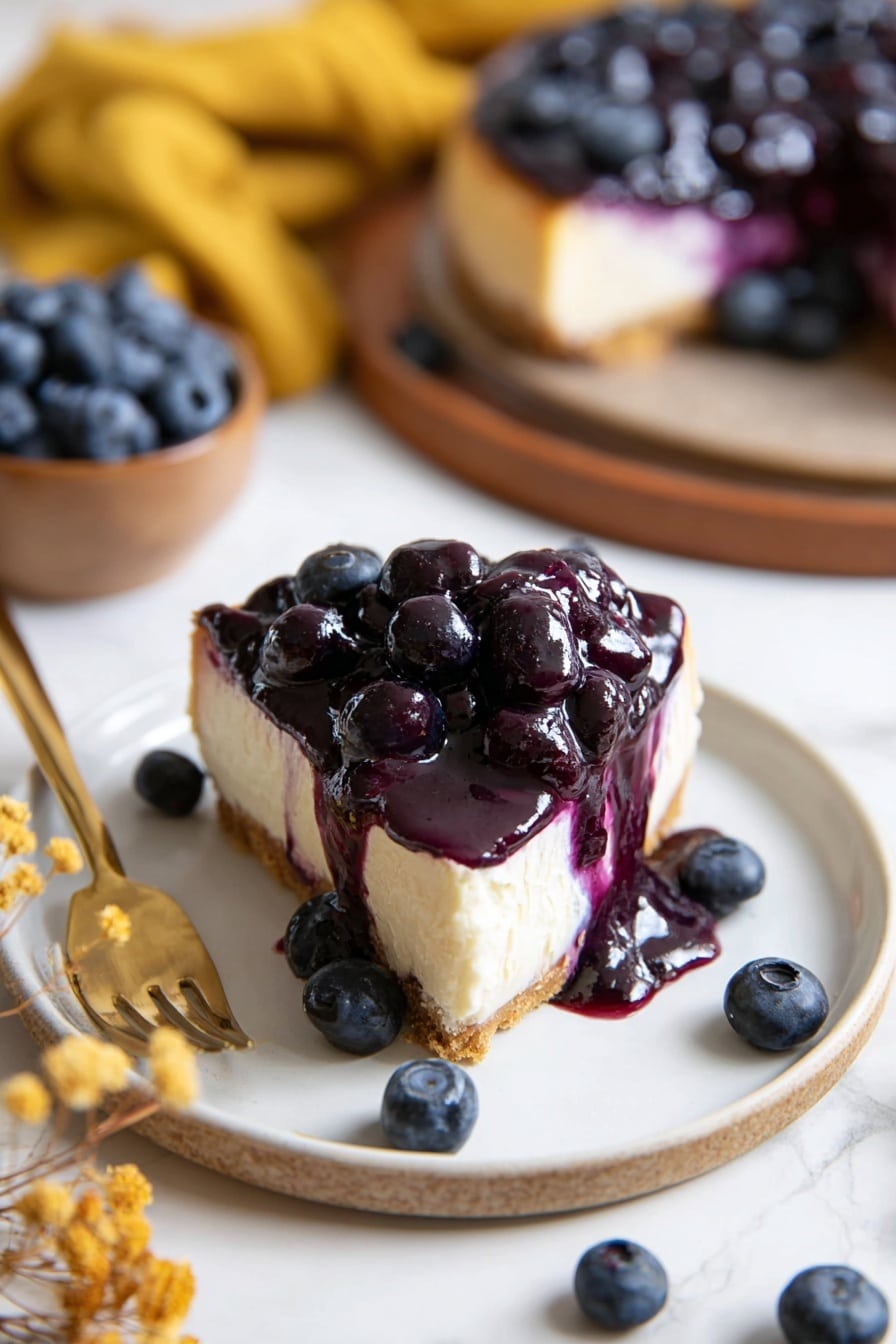 Blueberry Cottage Cheese Cheesecake Recipe 8 The image shows a slice of blueberry cheesecake on a white plate. The cheesecake has three layers: a light brown crumb crust at the bottom, a thick white creamy middle layer, and a glossy dark purple blueberry topping that spills slightly over the edges. Fresh whole blueberries are scattered on top of the shiny blueberry sauce and around the plate. A shiny gold fork rests next to the cheesecake slice on the plate. In the background, there is a larger cheesecake on a black dish, topped with the same dark purple blueberry layer and surrounded by more fresh blueberries. To the side, there is a small wooden bowl filled with blueberries and a mustard yellow cloth on the white marbled surface. photo taken with an iphone --ar 2:3 --v 7 - Blueberry Cottage Cheese Cheesecake, healthy blueberry cheesecake, light cheesecake with cottage cheese, blueberry dessert recipe, easy blueberry cheesecake