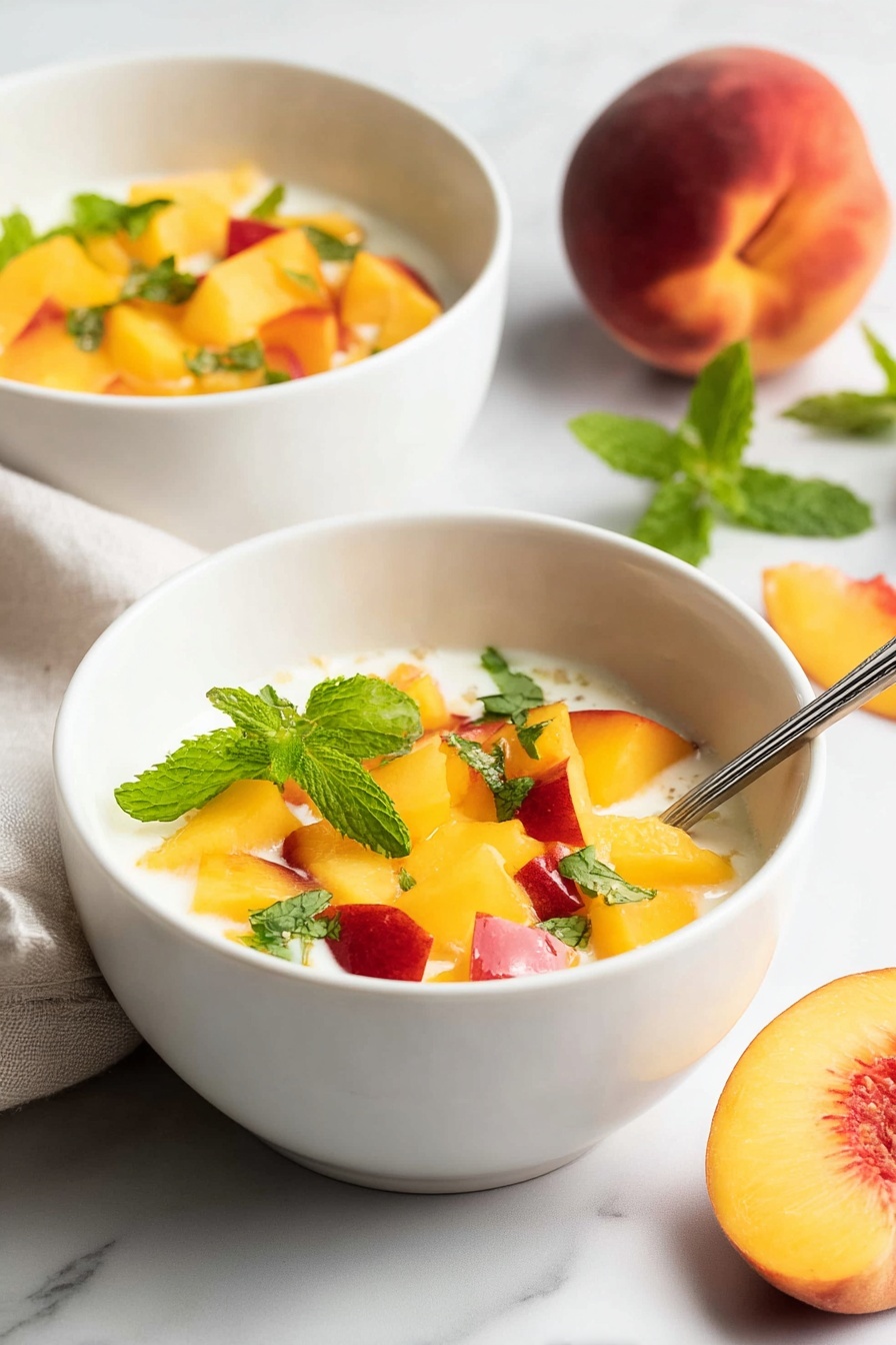 Cottage Cheese with Peaches and Mint Recipe 6 The image shows two white bowls filled with a creamy white base layer, topped with bright yellow and red peach chunks scattered evenly. Fresh green mint leaves are sprinkled over the peaches, adding a fresh contrast. A silver spoon rests inside the bowl in the front, which is placed on a white marbled surface. In the background, there is a whole peach and a sliced peach piece on a light cloth, giving a soft and fresh look. The lighting is bright and natural, emphasizing the colors and textures of the peaches and mint. Photo taken with an iphone --ar 2:3 --v 7 - Cottage Cheese with Peaches and Mint, healthy summer snack, quick fruit and cheese pairing, refreshing peach cottage cheese bowl, easy nutritious snack