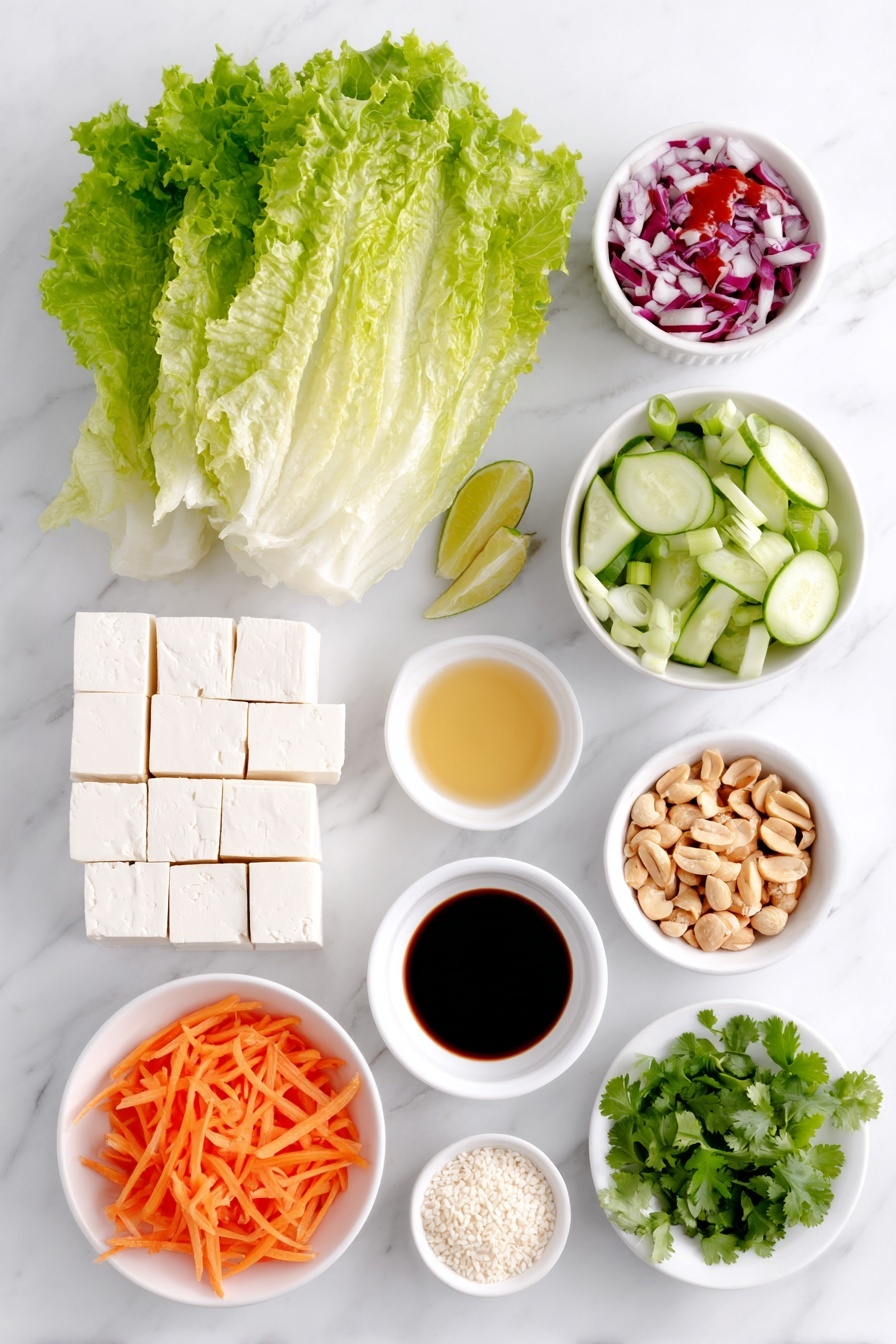 Spicy Tofu Salad Bowls Recipe 7 Flat lay of a small block of firm tofu cut into bite-sized cubes, a small head of romaine lettuce roughly chopped, thinly sliced half English cucumber, shredded small head of red cabbage, sliced green onions, shredded half cup of carrots, a quarter cup of roasted peanuts, a few sprigs of chopped cilantro, a whole fresh lime cut into wedges, a small white ceramic bowl of bright red hot sauce, a small white ceramic bowl of clear golden oil, a small white ceramic bowl of rice vinegar, a small white ceramic bowl of dark tamari, a small white ceramic bowl of amber honey, a small white ceramic bowl of toasted sesame oil, a small white ceramic bowl of minced garlic, a small white ceramic bowl of minced ginger, a small white ceramic bowl of white sesame seeds, all arranged with perfect symmetry on a clean white marble surface, soft natural light, photo taken with an iPhone, professional food photography style, fresh ingredients, white ceramic bowls, no bottles, no duplicates, no utensils, no packaging --ar 2:3 --v 7 --p m7354615311229779997 - Spicy Tofu Salad Bowls, healthy tofu salad, quick vegetarian dinner, crunchy veggie bowls, flavorful tofu recipes