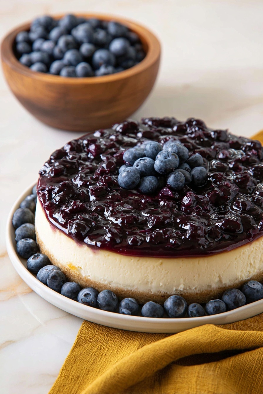 Blueberry Cottage Cheese Cheesecake Recipe 6 A round cheesecake sits on a white plate, with a thick, creamy beige layer on the bottom and a smooth, dark purple fruit topping on top that looks shiny and chunky. Fresh blueberries decorate the outer edge of the plate and a small pile of blueberries rests on the center of the topping. In the background, there is a wooden bowl filled with more blueberries. The scene is on a white marbled surface with a mustard-yellow cloth partially visible on the side. photo taken with an iphone --ar 2:3 --v 7 - Blueberry Cottage Cheese Cheesecake, healthy blueberry cheesecake, light cheesecake with cottage cheese, blueberry dessert recipe, easy blueberry cheesecake