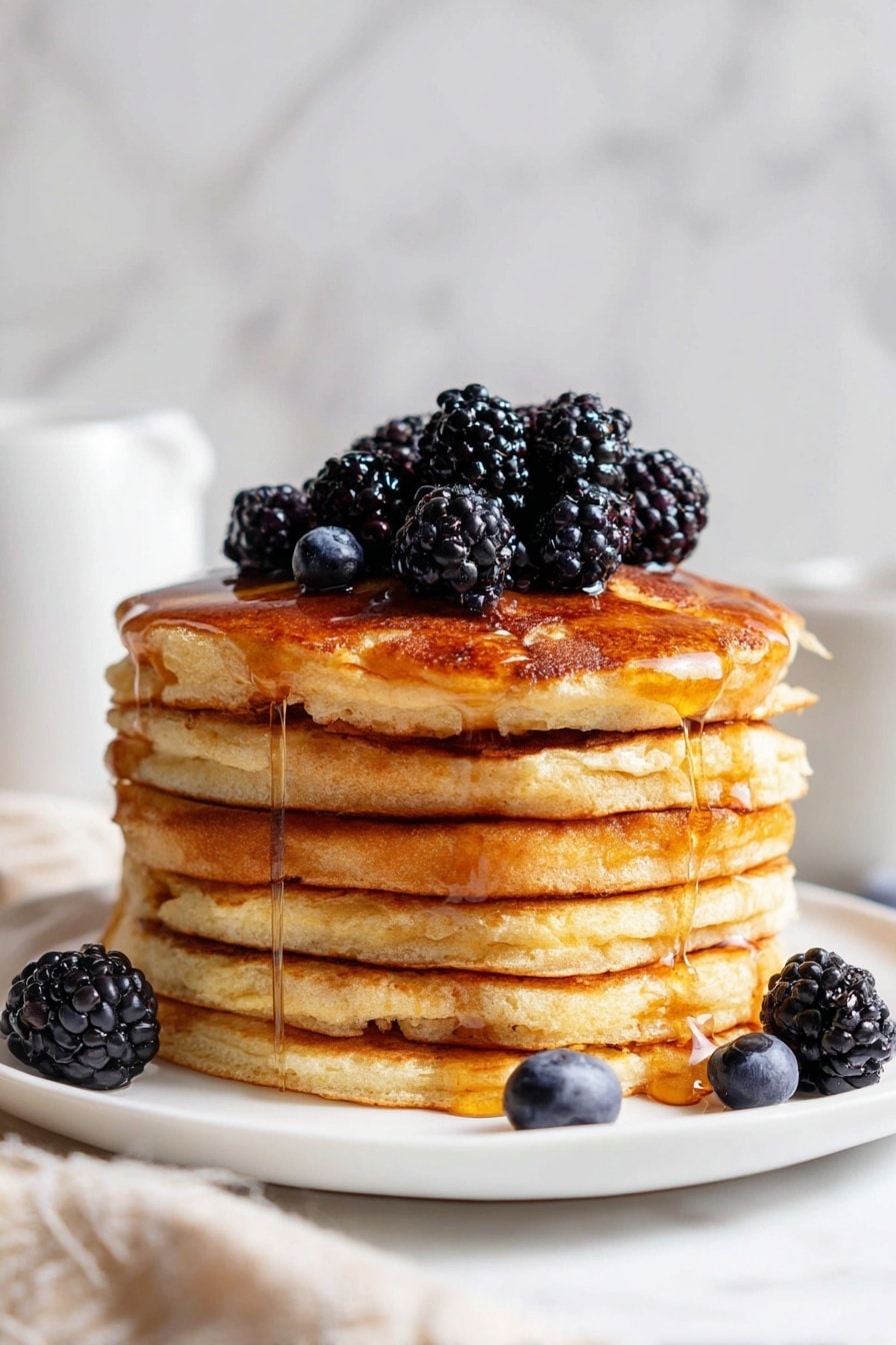 A tall stack of seven golden brown pancakes sits on a white plate, each pancake fluffy with slightly crispy edges and layered evenly. The top pancake is covered with a shiny layer of syrup that drips down the sides of the stack in thick streams. On top of the syrup are fresh blackberries and blueberries, clustered together with deep black and dark blue colors, adding a fresh and juicy look. More blackberries and a single blueberry rest on the white plate next to the stack. The scene is set on a white marbled surface with a blurred white cup in the background, making the pancakes the clear focus. The photo taken with an iphone --ar 2:3 --v 7 - Cottage Cheese Pancakes, easy cottage cheese pancakes, healthy breakfast pancakes, fluffy cottage cheese pancakes, protein-packed pancake recipe