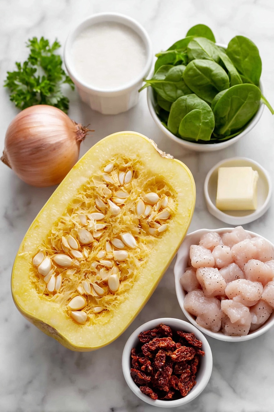 Tuscan Chicken with Spaghetti Squash Recipe 7 Flat lay of a halved medium spaghetti squash showing its bright yellow flesh and seeds, a pile of bite-sized raw boneless skinless chicken pieces seasoned with salt, pepper, and Italian seasoning, four peeled whole garlic cloves, one whole shallot with a purplish-white skin, a small mound of julienne-cut sun-dried tomatoes, a small white ceramic bowl filled with heavy cream, a small white ceramic bowl holding grated Parmesan cheese, a handful of fresh baby spinach leaves, a few sprigs of fresh green parsley, and two tablespoons of butter in a small white ceramic dish, all arranged symmetrically on a clean white marble surface, soft natural light, photo taken with an iPhone, professional food photography style, fresh ingredients, white ceramic bowls, no bottles, no duplicates, no utensils, no packaging --ar 2:3 --v 7 --p m7354615311229779997 - Tuscan Chicken with Spaghetti Squash, healthy Tuscan chicken dinner, light Italian chicken recipes, quick weeknight chicken dishes, low-carb spaghetti squash recipes