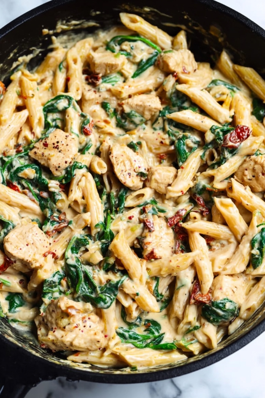 A close-up view of a black pan filled with a creamy pasta dish featuring penne pasta mixed with chunks of cooked chicken, vibrant green spinach leaves, and small pieces of sun-dried tomatoes. The creamy sauce coats all the ingredients, giving a rich and smooth texture with soft, warm beige and green tones throughout. The pan sits on a white marbled surface. photo taken with an iphone --ar 2:3 --v 7 - Creamy Tuscan Chicken Pasta, easy creamy chicken pasta, Tuscan chicken dinner, quick pasta recipes, savory chicken pasta