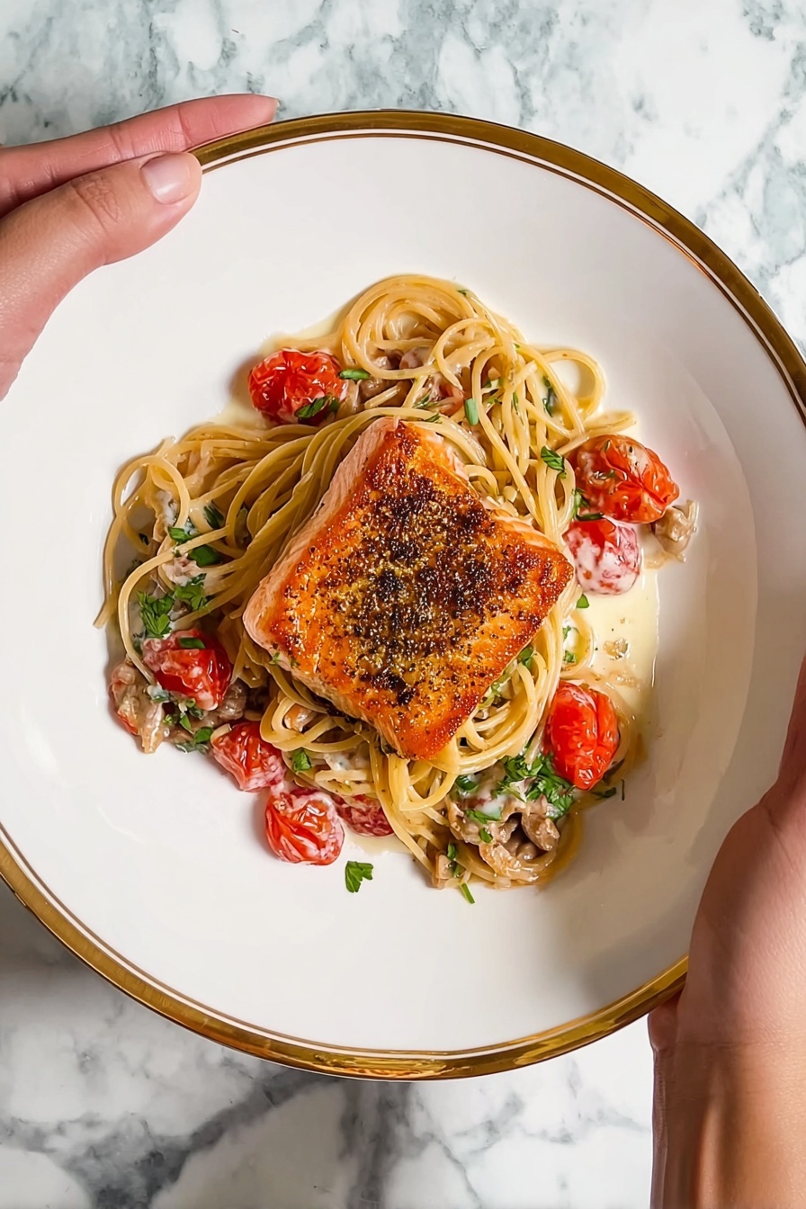 Creamy Tuscan Salmon Pasta Recipe 6 A white plate with a golden rim holds a dish with three layers: the bottom layer is light brown spaghetti, loosely arranged; the middle layer is creamy sauce with bright red cherry tomatoes and green herbs mixed in; on top is a square piece of golden-brown cooked salmon with visible seasoning on its surface. Two woman's hands hold the plate over a white marbled surface. Photo taken with an iphone --ar 2:3 --v 7 - Creamy Tuscan Salmon Pasta, Tuscan Salmon Pasta, Salmon Pasta with Cream Sauce, Easy Salmon Pasta, Delicious Salmon Pasta Recipe
