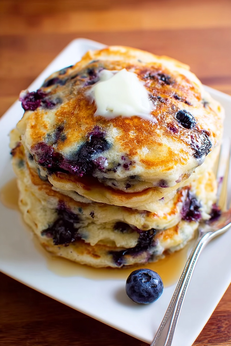 A stack of five golden brown blueberry pancakes sits on a white square plate with a single blueberry beside it. Each pancake is thick and fluffy, with dark blue, bursting blueberries embedded throughout. The top pancake has a melting dollop of white butter in the center, with a bit of light golden syrup glistening over the surface. A silver fork rests on the right side of the plate. The background shows a warm wooden surface. photo taken with an iphone --ar 2:3 --v 7 - Vegan Protein Pancakes, vegan breakfast ideas, plant-based protein pancakes, healthy vegan breakfast, fluffy vegan pancakes