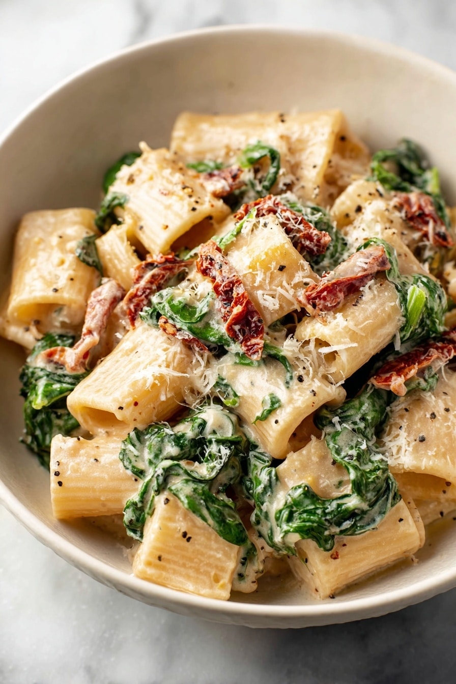 A close-up of a white bowl filled with rigatoni pasta mixed with wilted green spinach leaves and strips of sun-dried tomatoes, all coated in a creamy light beige sauce. The rigatoni has a tube shape with a smooth texture, and the sauce appears thick and creamy with small black pepper specks. Grated cheese is sprinkled on top, adding a fine white layer that contrasts with the green spinach and reddish sun-dried tomatoes. The whole dish rests on a white marbled surface. Photo taken with an iphone --ar 2:3 --v 7 - Sun-Dried Tomato Pasta with Cream, easy sun-dried tomato pasta, creamy sun-dried tomato pasta, quick pasta recipes, flavorful pasta dishes