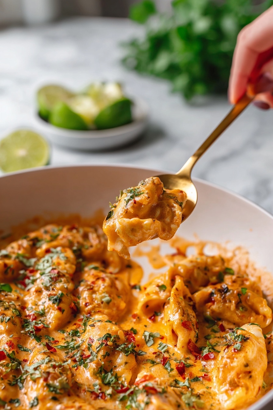Thai Red Curry Dumpling Bake Recipe 8 A close-up of a creamy pasta dish with a spoon lifting one piece of pasta covered in a rich, orange sauce with visible green herbs and red chili flakes. Inside the white pan, the pasta is coated with the same sauce, and scattered green herbs add a fresh touch. The background shows blurred green herbs and lime wedges on a white marbled surface. A woman's hand is holding the spoon with a golden handle. photo taken with an iphone --ar 2:3 --v 7 - Thai Red Curry Dumpling Bake, Thai Red Curry recipe, Thai curry baked dish, easy Thai curry dinner, flavorful dumpling bake