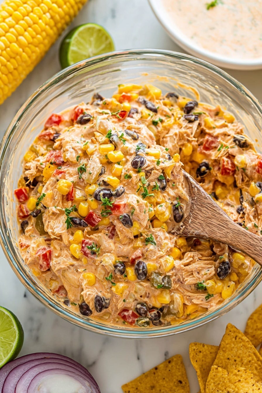 A clear glass bowl filled with a colorful creamy mixture featuring visible layers of yellow corn, black beans, red bell peppers, and shredded white chicken mixed in a light orange creamy sauce, garnished with small green herbs scattered throughout. A wooden spoon is inserted into the mixture from the right side of the bowl. The bowl sits on a white marbled surface with a corn on the cob and some triangular chips placed nearby. The background also shows a cut lime, a sliced red onion, and a white dish holding a creamy white sauce. photo taken with an iphone --ar 2:3 --v 7 - Chipotle Lime Chicken Salad, healthy chicken salad recipes, smoky chicken salad, easy summer salads, flavorful chicken salad ideas