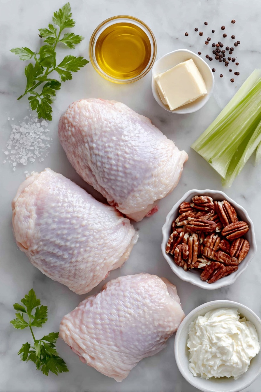 Southern Chicken Salad with Pecans Recipe 7 Flat lay of four raw chicken breasts with skin-on and bone-in, a small white bowl of golden olive oil, coarse salt crystals scattered, whole black peppercorns, a small white bowl holding a pale yellow pat of butter, a small white bowl with chopped toasted pecans, three fresh celery ribs with leaves, a small white bowl filled with creamy white mayonnaise, placed on a clean white marble surface, soft natural light, photo taken with an iPhone, professional food photography style, fresh ingredients, white ceramic bowls, no bottles, no duplicates, no utensils, no packaging --ar 2:3 --v 7 --p m7354615311229779997 - Southern Chicken Salad with Pecans, southern chicken salad, chicken pecan salad, easy southern chicken salad, creamy chicken salad with pecans