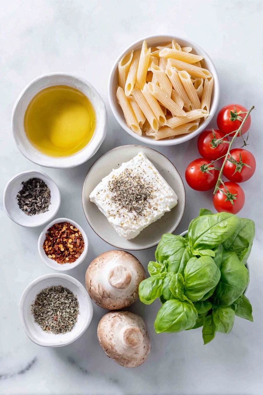 Baked Feta Pasta with Chicken Recipe 7 Flat lay of a small pile of uncooked gigli pasta, a cluster of ripe cherry tomatoes on the vine, a fresh bundle of thyme sprigs, two whole garlic cloves with papery skins intact, a block of creamy white feta cheese, two raw chicken breasts seasoned with salt and pepper, a small white ceramic bowl filled with golden olive oil, a small white bowl containing crushed red pepper flakes, a small white bowl of coarse kosher salt, and a small white bowl of freshly cracked black pepper, all arranged symmetrically on a clean white marble surface, soft natural light, photo taken with an iPhone, professional food photography style, fresh ingredients, white ceramic bowls, no bottles, no duplicates, no utensils, no packaging --ar 2:3 --v 7 --p m7354615311229779997 - Baked Feta Pasta with Chicken, baked feta pasta, creamy baked pasta recipe, chicken pasta dish, easy pasta dinner