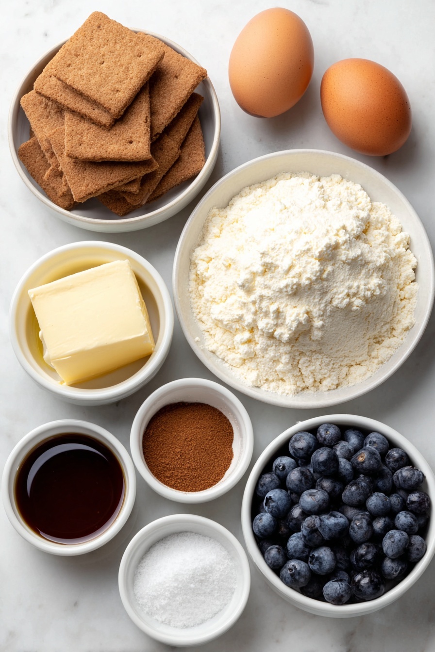 Blueberry Cottage Cheese Cheesecake Recipe 7 Flat lay of gluten-free graham crackers broken into crumbs in a simple white ceramic bowl, small white ceramic bowls with melted unsalted butter, pure maple syrup, and ground cinnamon, a pinch of coarse sea salt on white ceramic plate, a large mound of fresh creamy cottage cheese on a white ceramic plate, two whole clean brown eggs, a small white ceramic bowl with pure vanilla extract, a small white ceramic bowl with tapioca flour, three cups of plump fresh blueberries on a white ceramic plate, a small white ceramic bowl with fresh lemon juice, all ingredients arranged with perfect symmetry and realistic proportions placed on a clean white marble surface, soft natural light, photo taken with an iPhone, professional food photography style, fresh ingredients, white ceramic bowls, no bottles, no duplicates, no utensils, no packaging --ar 2:3 --v 7 --p m7354615311229779997 - Blueberry Cottage Cheese Cheesecake, healthy blueberry cheesecake, light cheesecake with cottage cheese, blueberry dessert recipe, easy blueberry cheesecake