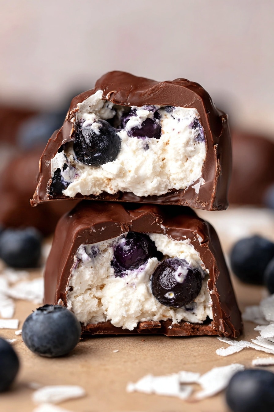Chocolate Blueberry Cottage Cheese Clusters Recipe 6 The image shows a close-up of a small round dessert with two visible layers. The outside layer is dark brown chocolate with a smooth, slightly shiny texture and some coarse salt flakes sprinkled on top. The inside layer consists of white cream mixed with dark purple berries and small nut pieces, creating a contrast of white, dark purple, and light brown colors. The dessert is placed on a white plate with a few chocolate chips scattered around. The background has a soft, white marbled texture. Photo taken with an iphone --ar 2:3 --v 7 - Chocolate Blueberry Cottage Cheese Clusters, healthy snack recipes, easy protein snacks, no-bake fruit and nut clusters, chocolate blueberry treats