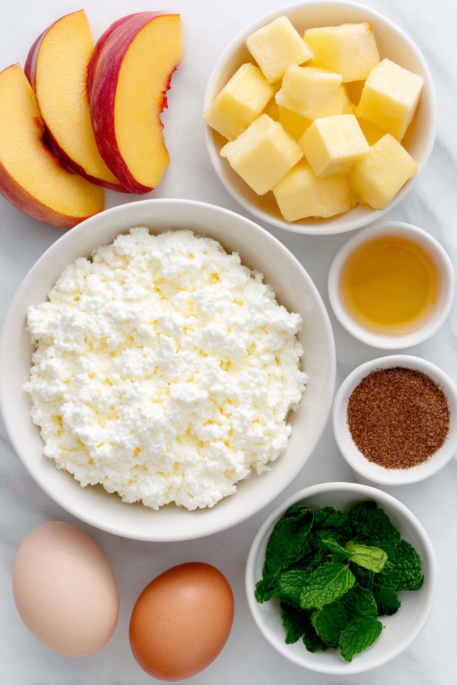 Cottage Cheese with Peaches and Mint Recipe 7 Flat lay of a small white ceramic bowl filled with fresh, creamy cottage cheese, a few neatly diced pieces of a ripe peach with vibrant orange and red skin placed beside it, a small white bowl containing golden honey, a few bright green fresh mint leaves finely chopped arranged next to a tiny white bowl with warm brown ground cinnamon powder, one whole uncracked brown-shelled egg nearby, all ingredients perfectly spaced in balanced symmetry, placed on a clean white marble surface, soft natural light, photo taken with an iPhone, professional food photography style, fresh ingredients, white ceramic bowls, no bottles, no duplicates, no utensils, no packaging --ar 2:3 --v 7 --p m7354615311229779997 - Cottage Cheese with Peaches and Mint, healthy summer snack, quick fruit and cheese pairing, refreshing peach cottage cheese bowl, easy nutritious snack