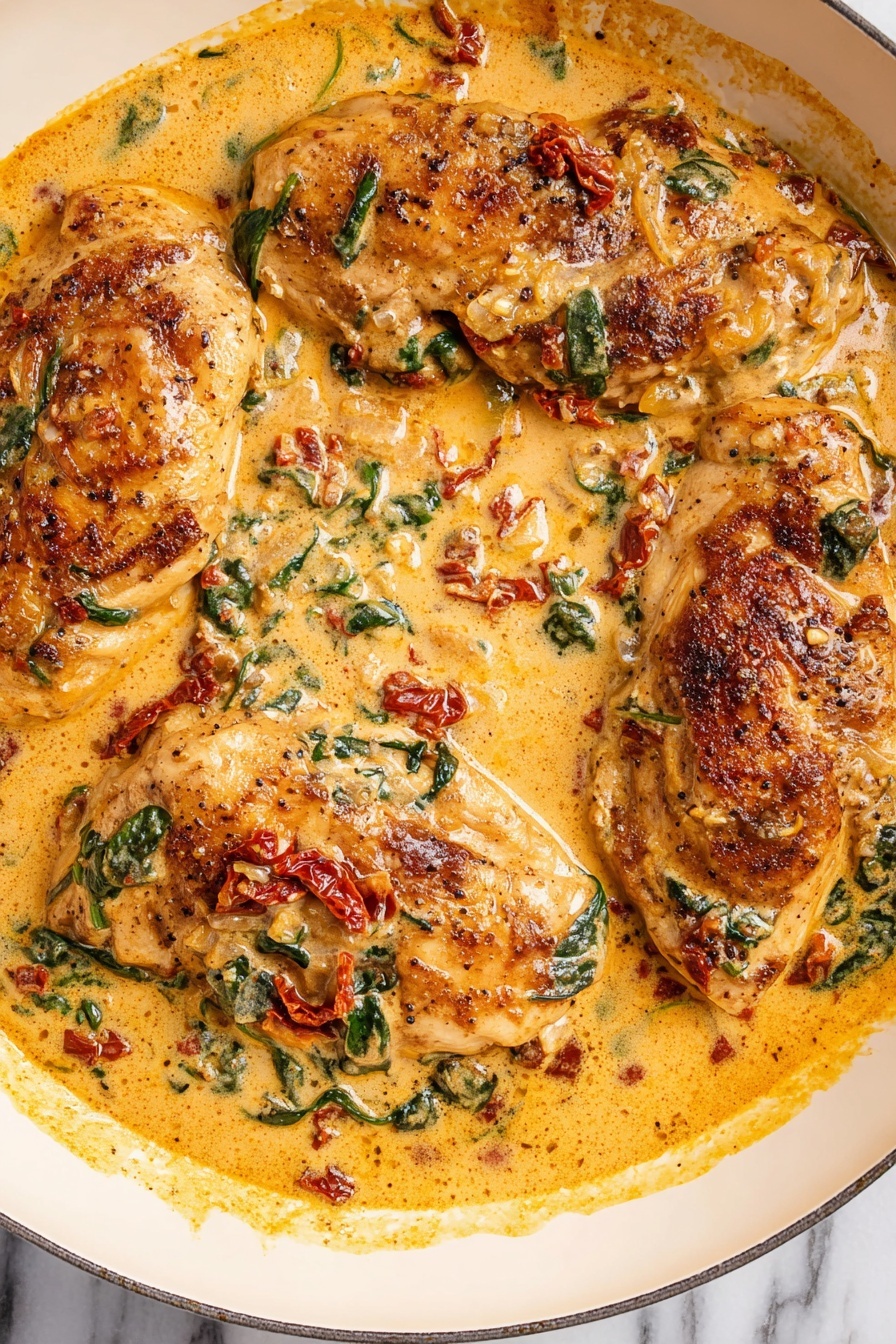 Marry Me Chicken with Sun-Dried Tomato Cream Sauce Recipe 6 The image shows a white skillet filled with four browned chicken pieces partially covered in a creamy orange sauce. The sauce has small green spinach pieces and red sun-dried tomato bits mixed in, spreading around and slightly bubbling at the edges. The chicken pieces are spaced evenly, with some sauce pooling around the sides, creating a rich and creamy texture that contrasts with the browned, slightly crispy surface of the chicken. The background has a white marbled texture, making the dish stand out clearly. photo taken with an iphone --ar 2:3 --v 7 - Marry Me Chicken with Sun-Dried Tomato Cream Sauce, creamy chicken recipes, gourmet chicken dinners, easy fancy chicken recipes, sun-dried tomato chicken