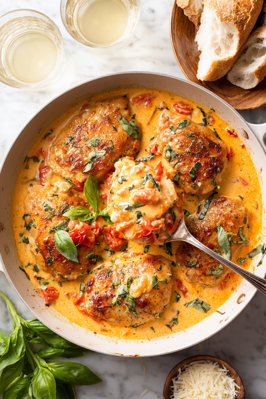 Marry Me Chicken with Sun-Dried Tomato Cream Sauce Recipe 8 A white pan holds four browned chicken pieces covered in a creamy sauce with visible pieces of red tomatoes and green herbs spread evenly on top and around the chicken. The sauce is thick and orange with a smooth texture, surrounding the chicken and filling the bottom of the pan. Around the pan on a white marbled surface are torn pieces of crusty bread, fresh green basil leaves, a small bowl of grated cheese, and two glasses of pale white wine, all softly lit from above. Photo taken with an iphone --ar 2:3 --v 7 - Marry Me Chicken with Sun-Dried Tomato Cream Sauce, creamy chicken recipes, gourmet chicken dinners, easy fancy chicken recipes, sun-dried tomato chicken