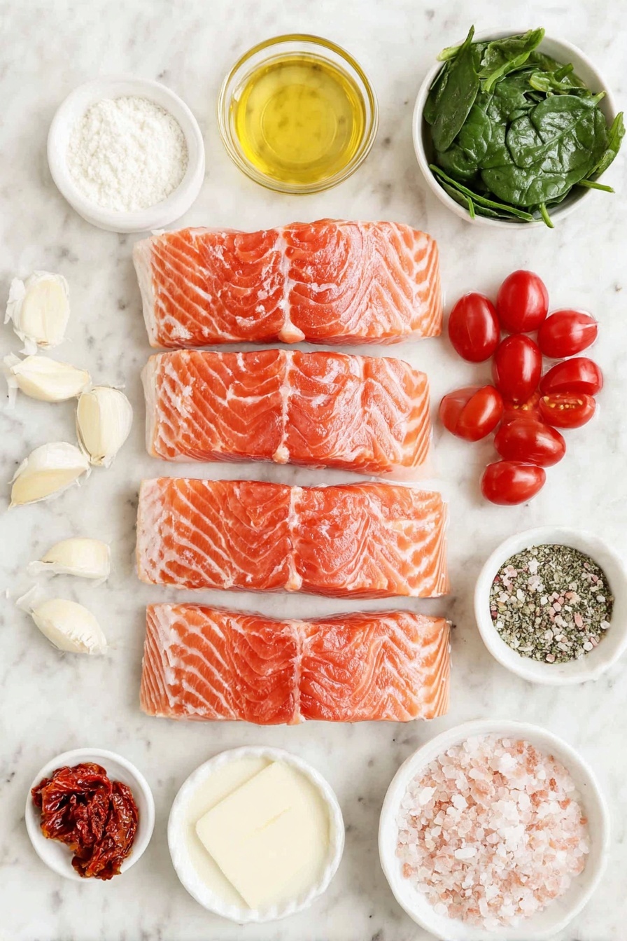 Creamy Tuscan Salmon Pasta Recipe 7 Flat lay of a fresh, natural spread featuring four thick, pink salmon fillets with skin, a small white ceramic bowl with creamy 2% milk, a small white bowl holding fine white cornstarch powder, two golden tablespoons of butter, a small white bowl filled with golden olive oil, two whole uncracked garlic cloves with smooth white skins, a simple pile of bright green chopped fresh spinach leaves, a cluster of halved shiny red cherry tomatoes, a small white bowl containing rich reddish-brown sun-dried tomatoes, a small white bowl heaped with grated pale parmesan cheese, a small white bowl filled with coarse pink Himalayan salt crystals, and another small white bowl holding fine ground black pepper, all arranged symmetrically and balanced on a clean white marble surface, soft natural light, photo taken with an iPhone, professional food photography style, fresh ingredients, white ceramic bowls, no bottles, no duplicates, no utensils, no packaging --ar 2:3 --v 7 --p m7354615311229779997 - Creamy Tuscan Salmon Pasta, Tuscan Salmon Pasta, Salmon Pasta with Cream Sauce, Easy Salmon Pasta, Delicious Salmon Pasta Recipe