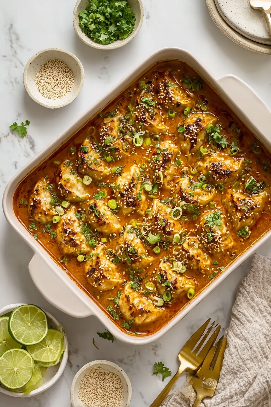 The image shows a square baking dish filled with about 18 dumplings arranged in rows, lightly browned on top with a golden crust and placed in a rich, orange-brown sauce. The sauce is thick and smooth, covering the base of the dish and coming halfway up the dumplings. The dumplings are garnished with chopped green herbs and sliced green onions, creating a mix of green flecks and sprinkles across the dish. White sesame seeds add texture and contrast to the dish's surface. Around the dish, there are small white bowls with green herbs, lime wedges, and sesame seeds, placed on a white marbled surface with neutral beige cloth and gold-colored cutlery next to the dish. Photo taken with an iphone --ar 2:3 --v 7 - Thai Red Curry Dumpling Bake, Thai Red Curry recipe, Thai curry baked dish, easy Thai curry dinner, flavorful dumpling bake