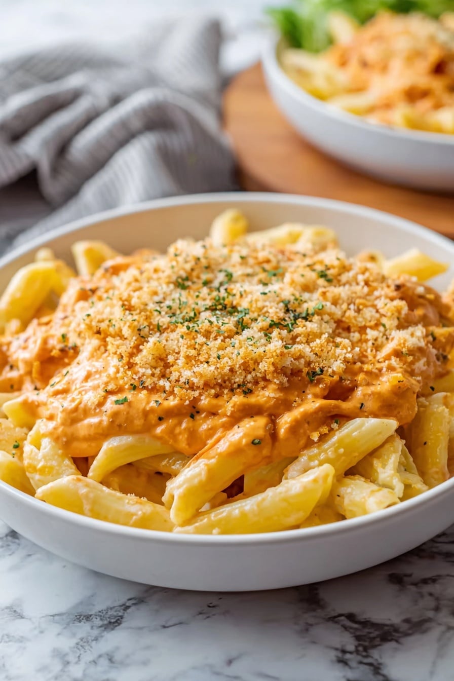 Cheese Lover's Baked Ziti Recipe 6 The image shows a bowl of pasta with three visible layers. The bottom layer consists of pale yellow cooked pasta tubes spread evenly across the white bowl. The middle layer is a thick, creamy orange sauce covering most of the pasta, with a smooth yet slightly chunky texture. The top layer has a golden breadcrumb topping lightly browned and sprinkled with tiny green herb bits, centered in a mound shape. The bowl sits on a surface with a white marbled texture, with a blurred background including another similar bowl and some cloth. Photo taken with an iphone --ar 2:3 --v 7 - Cheese Lover's Baked Ziti, cheesy baked ziti recipe, easy baked ziti, cheesy pasta casserole, best baked ziti