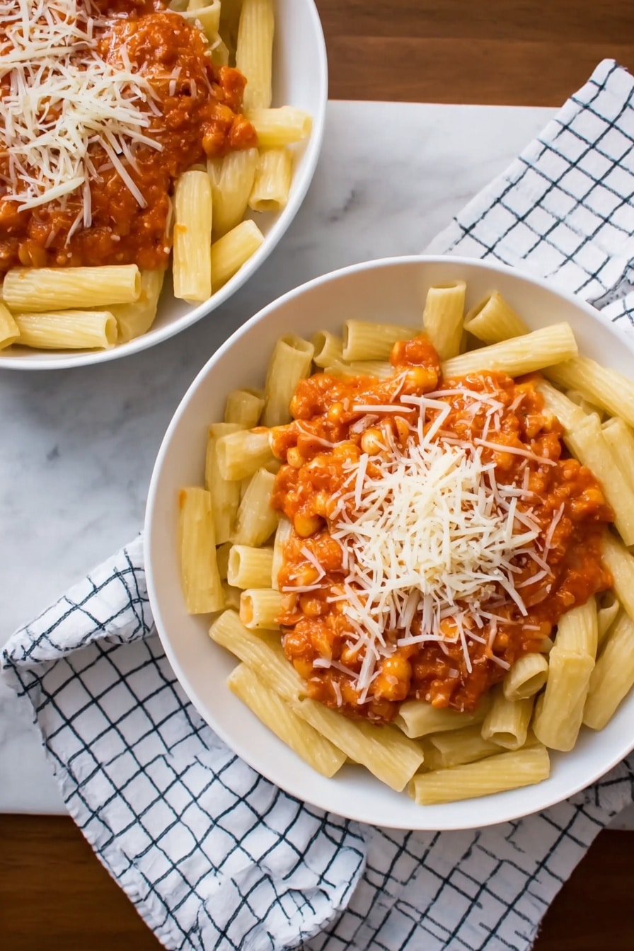 Cheese Lover's Baked Ziti Recipe 8 Two white bowls filled with pasta are placed on a white marbled surface. Each bowl has a base layer of plain yellow pasta tubes arranged loosely, topped with a middle layer of pasta coated with a thick, orange-red sauce with small bits. The top layer is sprinkled with shredded white cheese, adding a soft texture over the sauced pasta. A white cloth with a blue grid pattern lies beside the bowls. Photo taken with an iphone --ar 2:3 --v 7 - Cheese Lover's Baked Ziti, cheesy baked ziti recipe, easy baked ziti, cheesy pasta casserole, best baked ziti