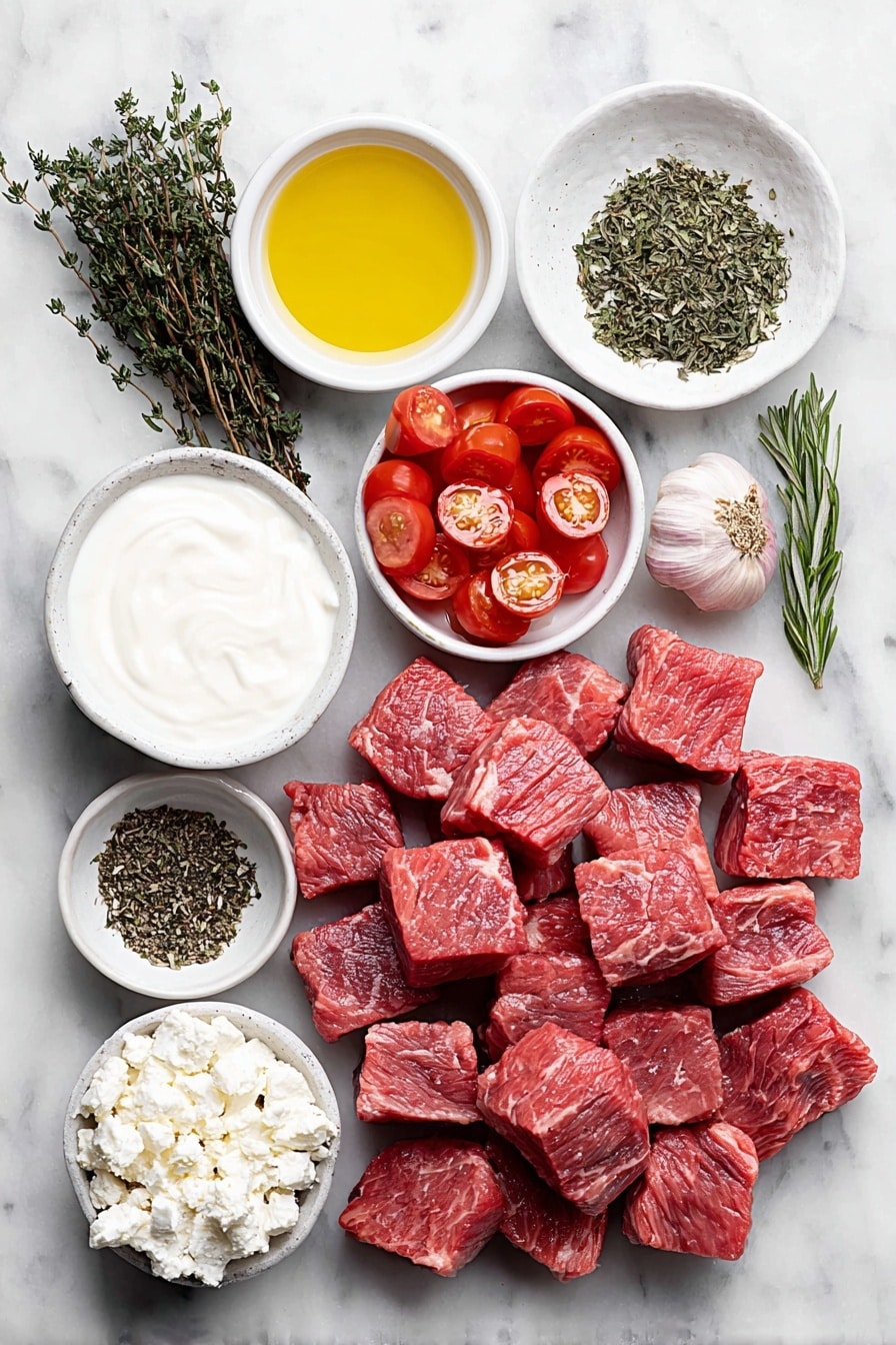 Mediterranean Steak Bites with Yogurt Sauce Recipe 7 Flat lay of fresh raw steak cubes, a few bright red grape tomatoes halved, a small handful of fresh green thyme sprigs, fresh rosemary sprigs, a small pile of dried oregano leaves, two whole garlic cloves, a small white ceramic bowl of creamy plain Greek yogurt, a small white ceramic bowl of clear golden olive oil, a small white ceramic bowl of bright yellow lemon juice, a small white ceramic bowl of crumbled white feta cheese, and a few sprigs of fresh green dill placed on a clean white marble surface, soft natural light, photo taken with an iPhone, professional food photography style, fresh ingredients, white ceramic bowls, no bottles, no duplicates, no utensils, no packaging --ar 2:3 --v 7 --p m7354615311229779997 - Mediterranean Steak Bites, Mediterranean Steak Bites with Yogurt Sauce, quick steak recipes, easy Mediterranean dinner, flavorful steak bites