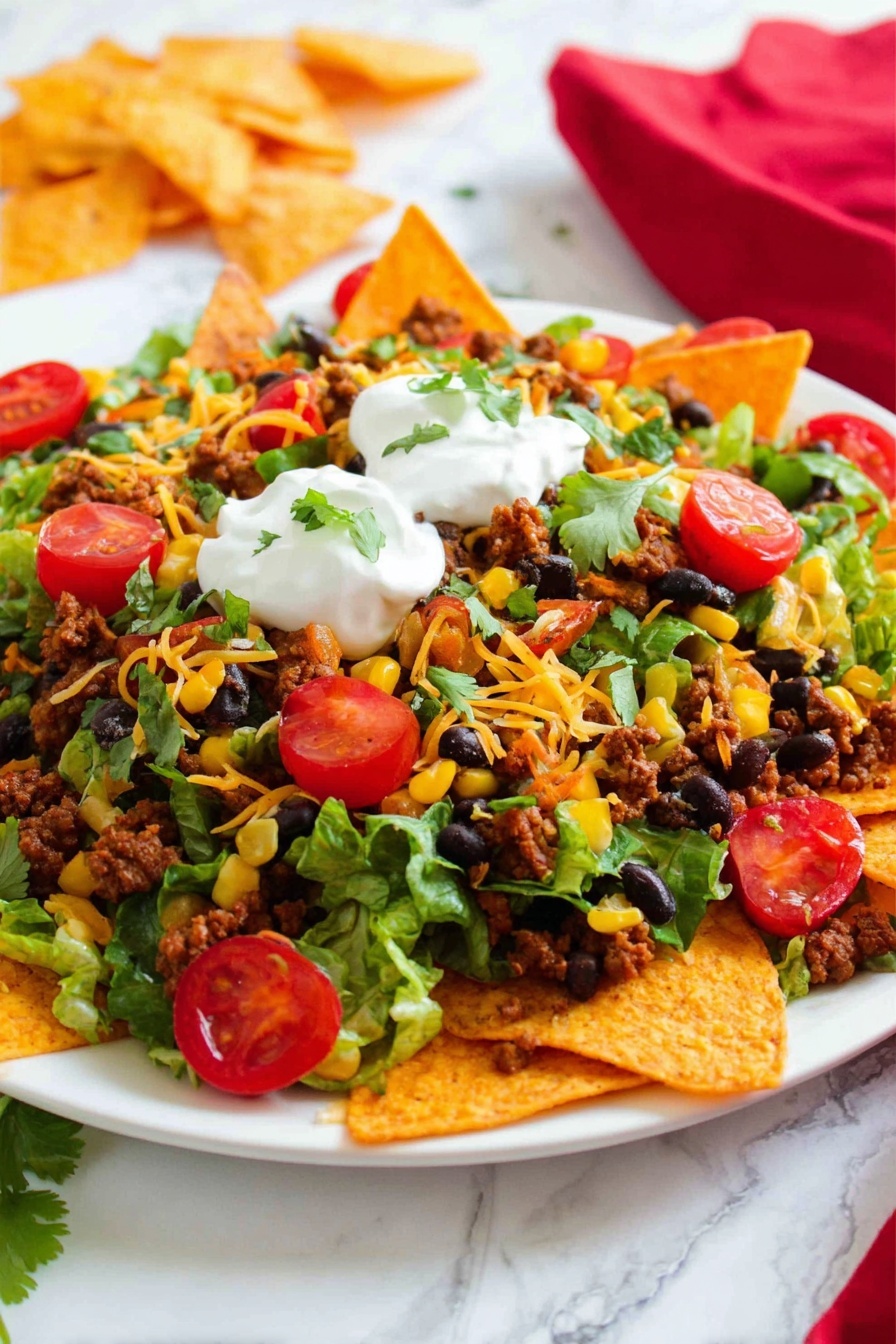 A white plate filled with a colorful nacho salad. The bottom layer has orange triangular corn chips spread out. On top of the chips, there is a layer of green lettuce pieces mixed with black beans and yellow corn kernels. Small browned ground meat bits are scattered evenly over the salad. Bright red halved cherry tomatoes are placed around the dish. There are two dollops of white sour cream in the center, each topped with small green cilantro leaves. The whole dish is sprinkled with shredded orange cheese and extra cilantro leaves. The plate rests on a white marbled surface with a red cloth and some chips visible in the blurred background. Photo taken with an iphone --ar 2:3 --v 7 - Dorito Beef Taco Salad Bowl, Taco Salad Bowl recipe, Easy Taco Salad, Crunchy Beef Taco Bowl, Quick Dinner Recipes