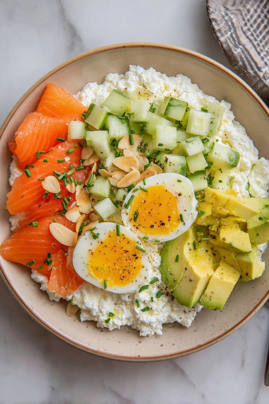 A beige plate holds a colorful dish with four main layers arranged in sections. The bottom layer is white cottage cheese with a lumpy texture covering the base. On top of the cottage cheese, there is bright orange smoked salmon folded neatly on one side. Next to the salmon, in the upper middle part of the plate, are small, light green cucumber cubes mixed with tiny green chives. On the right side, there are sliced avocado pieces showing pale green color with a smooth, creamy texture. In the center, two halves of a boiled egg with bright yellow yolks face up, sprinkled with chopped almonds and green chives. Small drops of olive oil and black pepper are scattered over the dish. The plate sits on a white marbled surface. photo taken with an iphone --ar 2:3 --v 7 - Smoked Salmon Cottage Cheese Salad, healthy smoked salmon salad, quick salmon salad recipe, nutritious cottage cheese salad, easy seafood salad