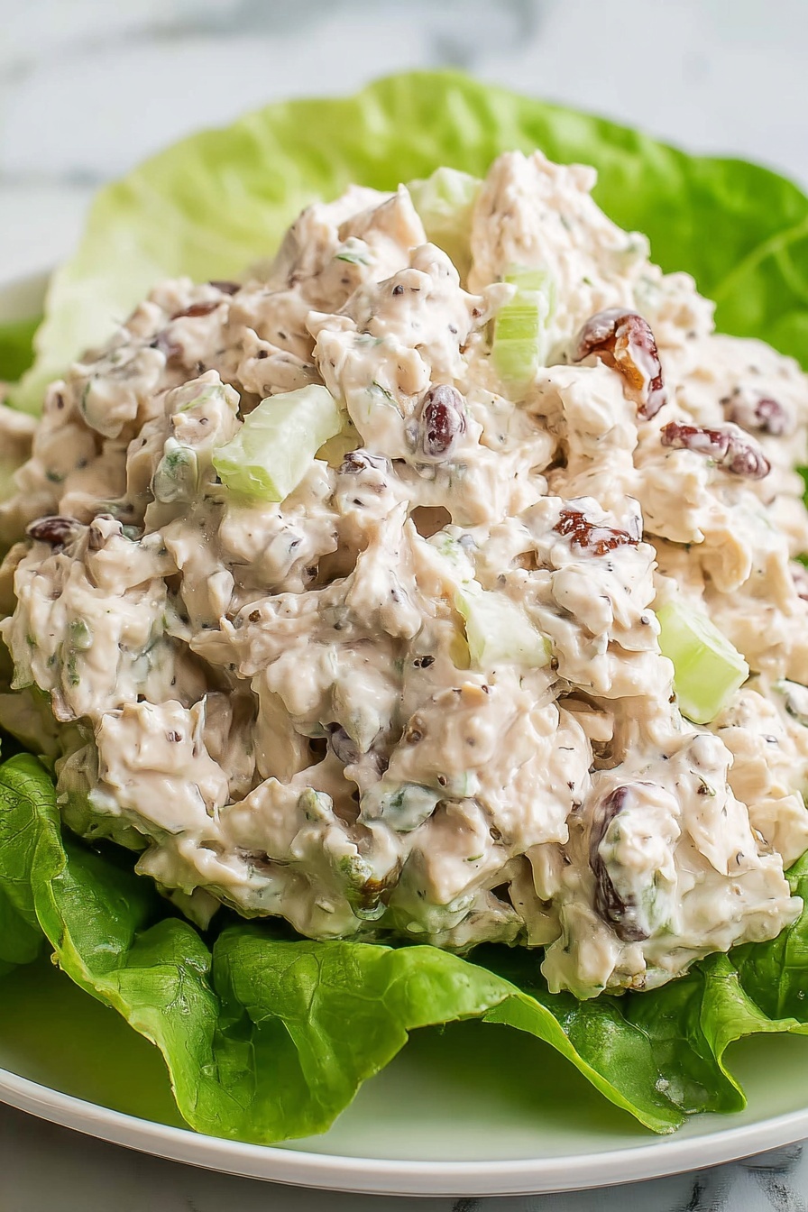 Southern Chicken Salad with Pecans Recipe 8 The dish shows a creamy chicken salad served on a base layer of bright green leafy lettuce. The salad is thick with chunks of soft white chicken mixed with small pieces of light green celery and some small dark brown bits, possibly nuts or bacon. The chicken salad has a pale creamy color with specks of black pepper. All this is placed on a simple white plate against a white marbled texture background. photo taken with an iphone --ar 2:3 --v 7 - Southern Chicken Salad with Pecans, southern chicken salad, chicken pecan salad, easy southern chicken salad, creamy chicken salad with pecans