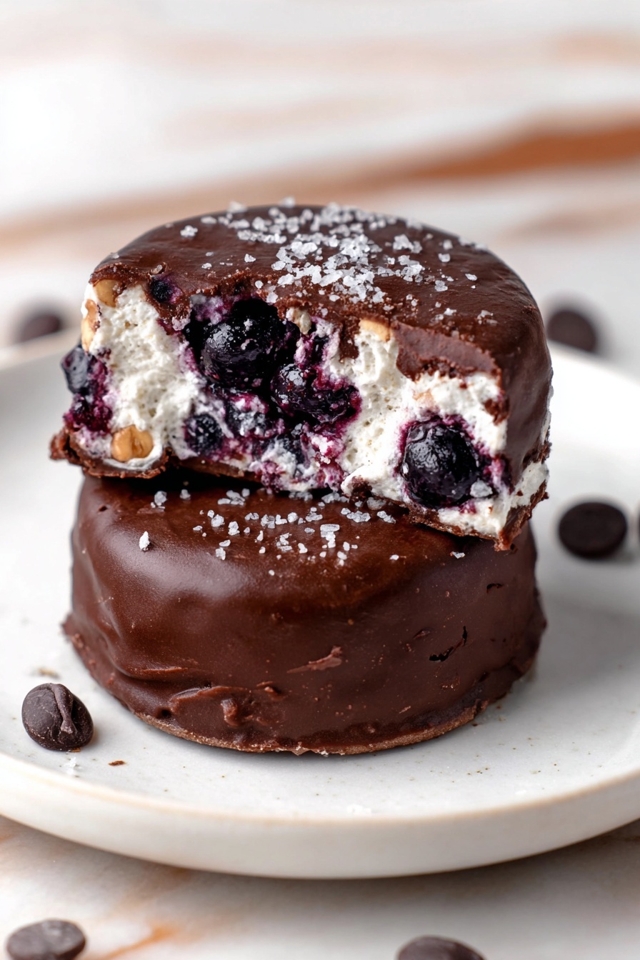 Chocolate Blueberry Cottage Cheese Clusters Recipe 8 The image shows two pieces of a chocolate shell cut in half, stacked one on top of the other. The outer layer is a rough dark brown chocolate coating that looks thick and slightly cracked. Inside, there is a creamy white filling with a soft, lumpy texture mixed with whole dark purple blueberries. The pieces sit on a light brown surface with scattered blueberries and some white flakes, with a soft, blurred background. photo taken with an iphone --ar 2:3 --v 7 - Chocolate Blueberry Cottage Cheese Clusters, healthy snack recipes, easy protein snacks, no-bake fruit and nut clusters, chocolate blueberry treats