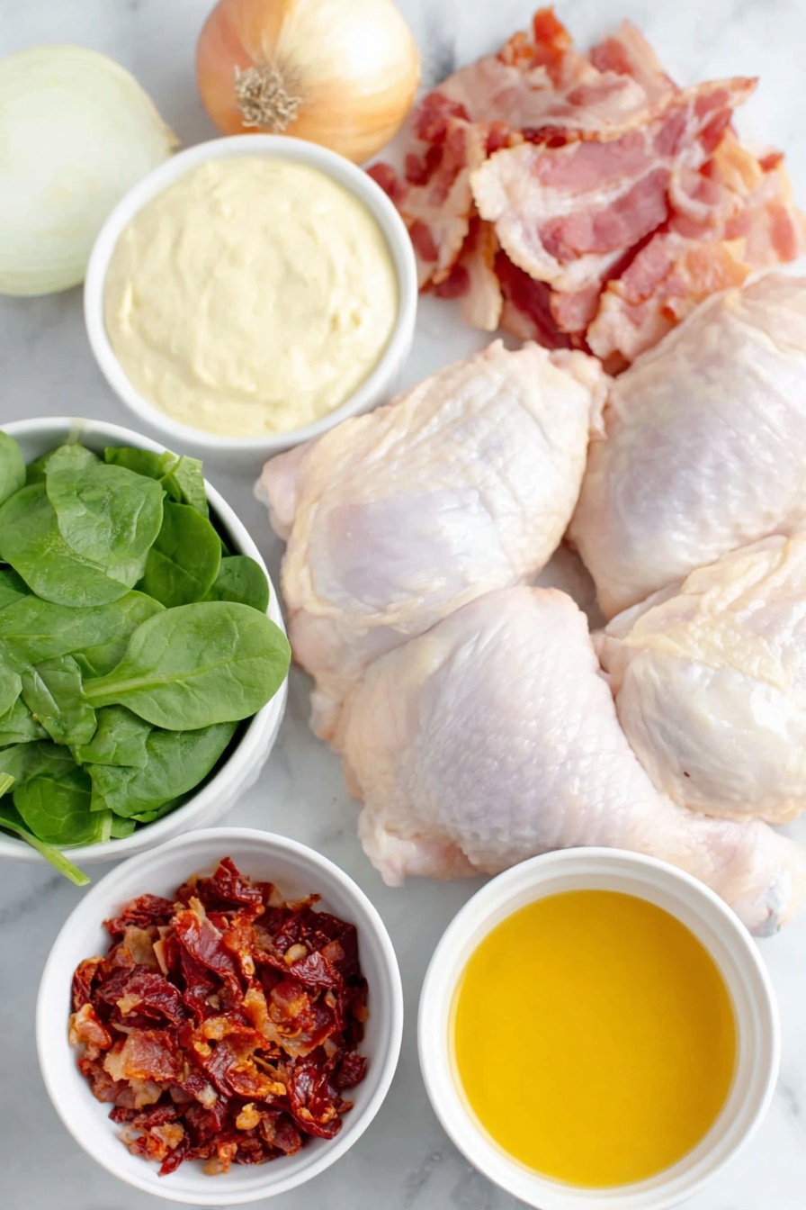 Creamy Tuscan Chicken with Cashew Cream Recipe 7 Flat lay of two raw chicken thighs with skin, a few strips of uncooked chopped bacon, a whole yellow onion sliced into thin rings, three whole garlic cloves with papery skins, a small white ceramic bowl containing bright green fresh spinach leaves, a small white bowl filled with creamy pale cashew cream, a small white bowl holding rich red chopped sundried tomatoes, and a small white bowl with golden chicken stock, placed on a clean white marble surface, soft natural light, photo taken with an iPhone, professional food photography style, fresh ingredients, white ceramic bowls, no bottles, no duplicates, no utensils, no packaging --ar 2:3 --v 7 --p m7354615311229779997 - Creamy Tuscan Chicken with Cashew Cream, dairy-free Tuscan chicken, paleo keto chicken recipes, healthy creamy chicken dish, cashew cream chicken