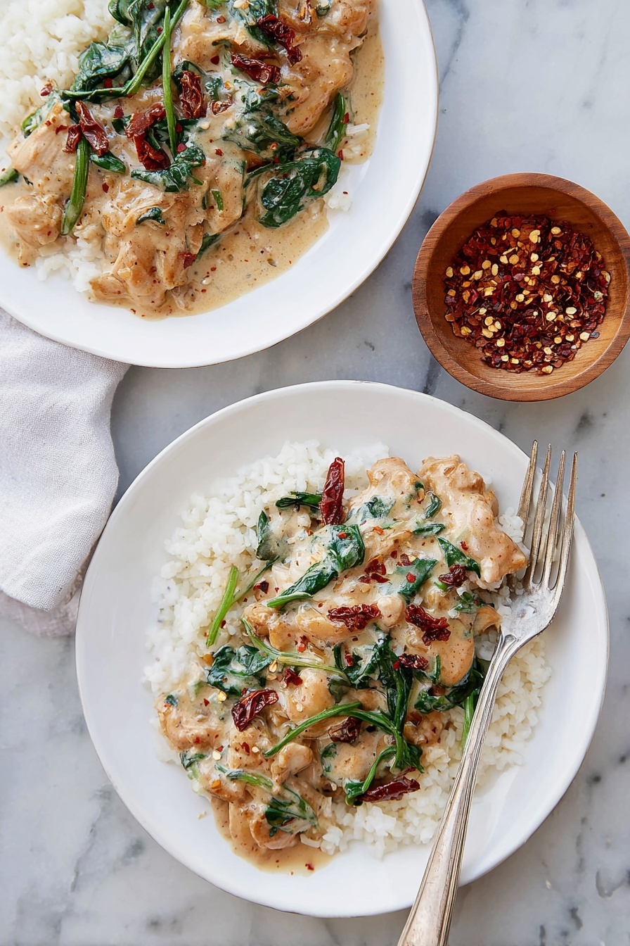 Creamy Tuscan Chicken with Cashew Cream Recipe 8 Two white plates sit on a white marbled surface, each holding a dish with two main layers. The base layer is a fluffy, light-colored rice that fills about one-third of each plate. On top, there are pieces of light brown cooked meat covered in a creamy sauce mixed with wilted green spinach and small dark red pieces resembling sun-dried tomatoes. A silver fork lies on one plate resting on the rice. To the side, a small wooden bowl is filled with red chili flakes. The whole scene is bright and clear, photo taken with an iphone --ar 2:3 --v 7 - Creamy Tuscan Chicken with Cashew Cream, dairy-free Tuscan chicken, paleo keto chicken recipes, healthy creamy chicken dish, cashew cream chicken
