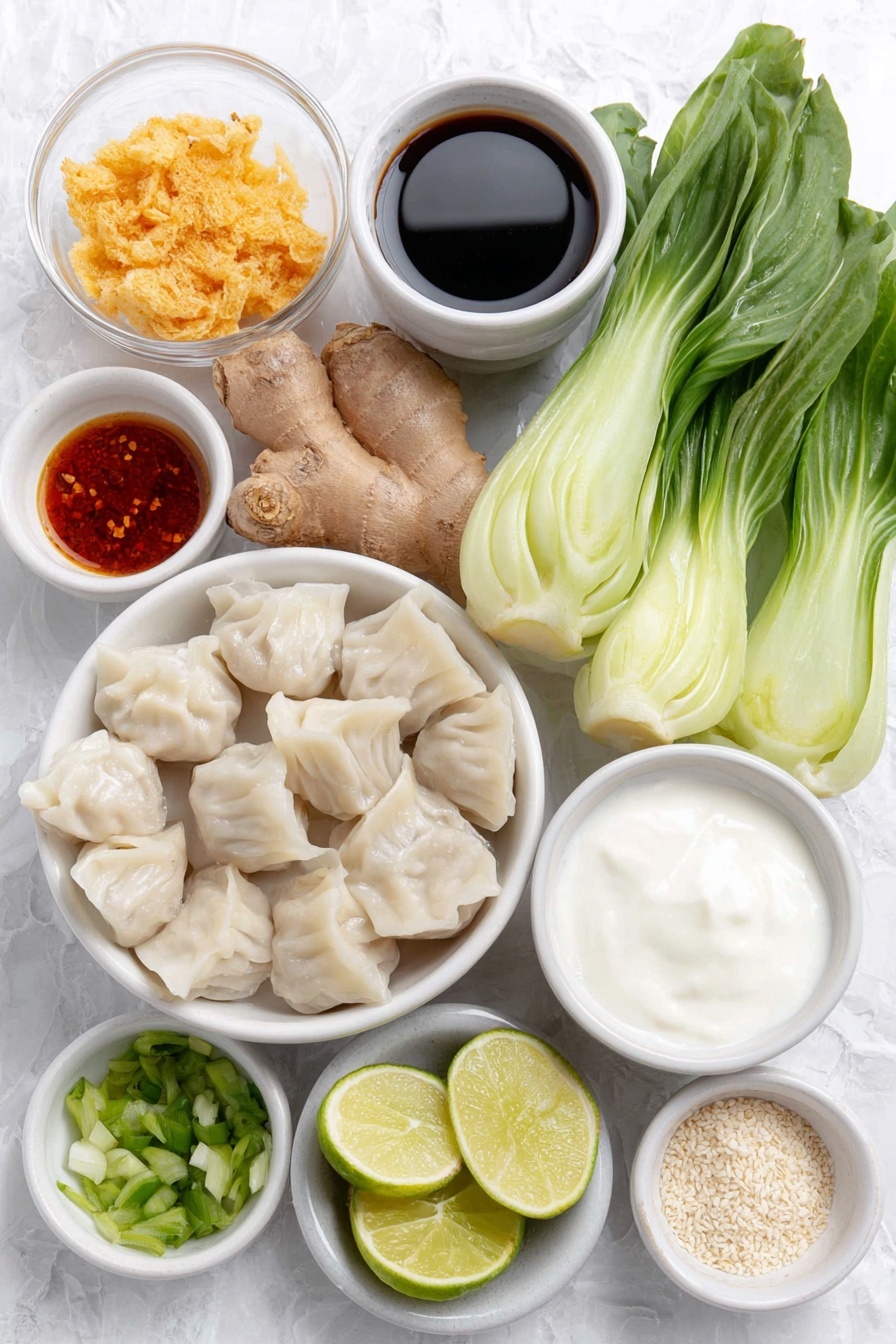 Thai Red Curry Dumpling Bake Recipe 7 Flat lay of a small white bowl of creamy coconut milk, a small white bowl with bright red Thai curry paste, three peeled garlic cloves, a piece of fresh ginger root with light brown skin, a small white bowl of dark soy sauce, a small white bowl of amber fish sauce, a small white bowl of golden brown sugar crystals, a small white bowl of glossy sesame oil, fresh green bok choy leaves chopped into bite-sized pieces, a neat row of plump frozen dumplings with pale dough, a small white bowl of finely chopped bright green cilantro, a small white bowl of sliced green onions, a small white bowl of ivory sesame seeds, a small white bowl of vibrant red chili crisp, two fresh lime wedges with bright green rinds and juicy flesh, all arranged in perfect symmetry on simple white ceramic bowls placed on a clean white marble surface, soft natural light, photo taken with an iPhone, professional food photography style, fresh ingredients, white ceramic bowls, no bottles, no duplicates, no utensils, no packaging --ar 2:3 --v 7 --p m7354615311229779997 - Thai Red Curry Dumpling Bake, Thai Red Curry recipe, Thai curry baked dish, easy Thai curry dinner, flavorful dumpling bake