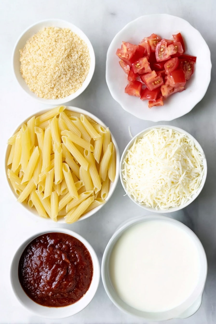 Cheese Lover's Baked Ziti Recipe 7 Flat lay of uncooked ziti pasta arranged neatly, a small mound of golden brown bread crumbs in a white ceramic bowl, two bright red fresh tomatoes diced on a simple white plate, a small white bowl filled with rich red marinara sauce, a small white bowl containing smooth creamy heavy cream, a small white bowl with granulated white sugar, a neat pile of grated Parmesan, Romano, and Asiago cheese blend, a modest heap of grated fontina cheese, and a generous pile of freshly grated mozzarella cheese, all displayed in perfect symmetry and balanced proportions, placed on a clean white marble surface, soft natural light, photo taken with an iPhone, professional food photography style, fresh ingredients, white ceramic bowls, no bottles, no duplicates, no utensils, no packaging --ar 2:3 --v 7 --p m7354615311229779997 - Cheese Lover's Baked Ziti, cheesy baked ziti recipe, easy baked ziti, cheesy pasta casserole, best baked ziti