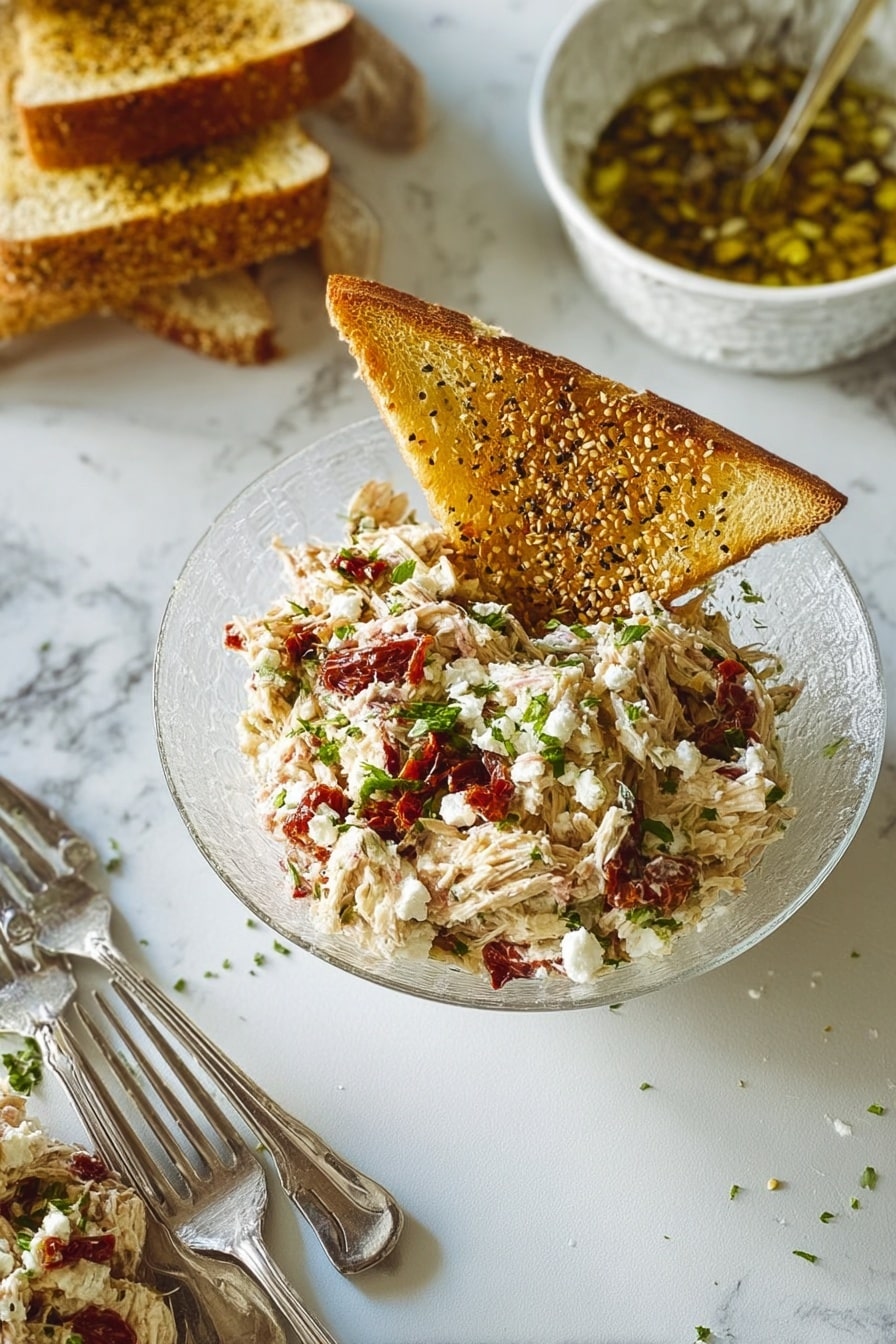 Baked Feta Pasta with Chicken Recipe 8 The image shows a clear glass bowl filled with a creamy mix of shredded light-colored meat, thin slices of white cheese, bits of red sun-dried tomatoes, and small white cheese crumbles, all topped with finely chopped green herbs. Resting on the bowl's edge is a large toasted triangular slice of bread with a golden color and sprinkled with seeds. The bowl is placed on a white marbled surface, with two silver forks nearby and more toasted bread pieces stacked in the top left corner. Part of a white bowl filled with an olive oil and seed mixture is visible at the top right. The overall scene is bright with natural light, and the textures of the crunchy bread and creamy salad stand out clearly photo taken with an iphone --ar 2:3 --v 7 - Baked Feta Pasta with Chicken, baked feta pasta, creamy baked pasta recipe, chicken pasta dish, easy pasta dinner